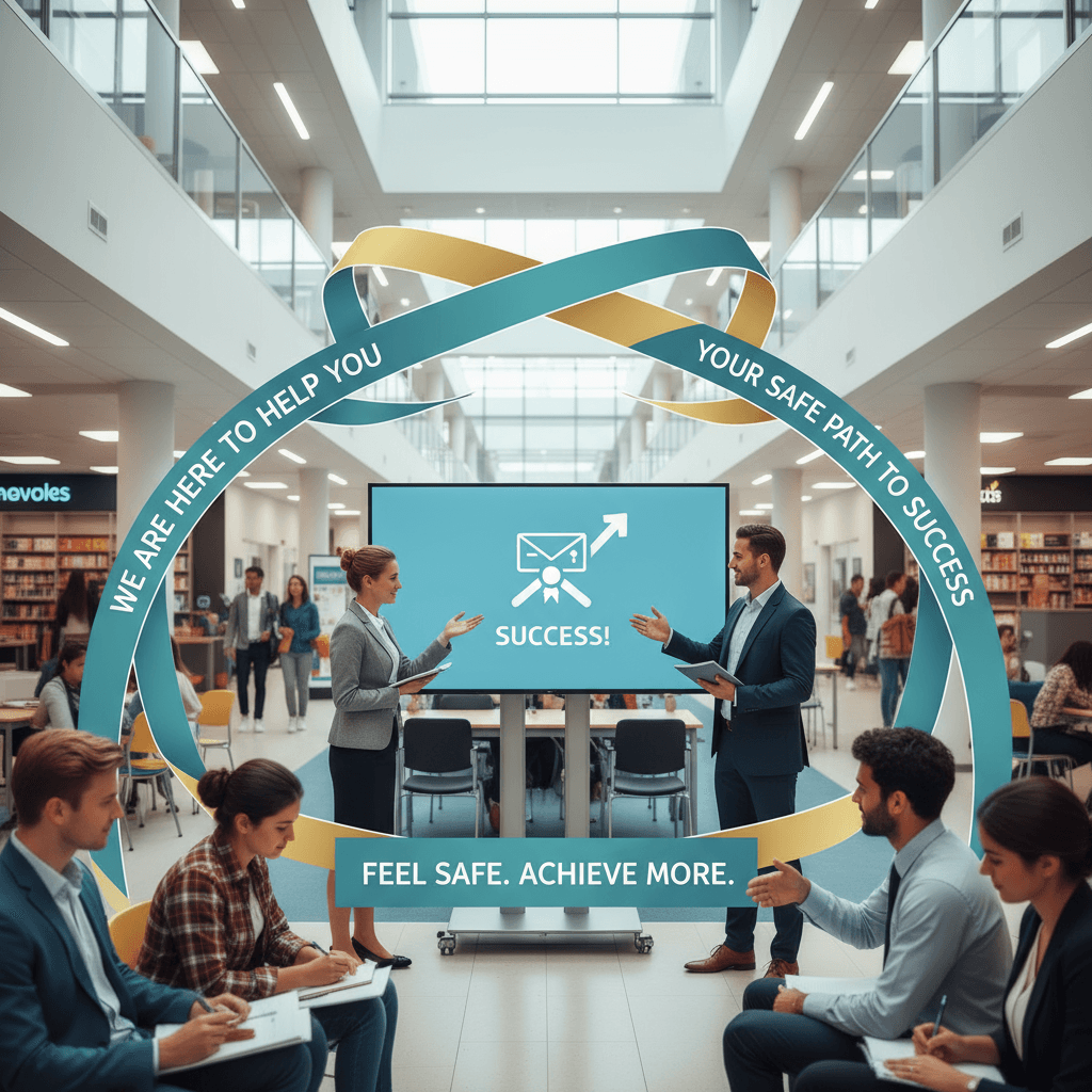 Help desk and students in a campus hall